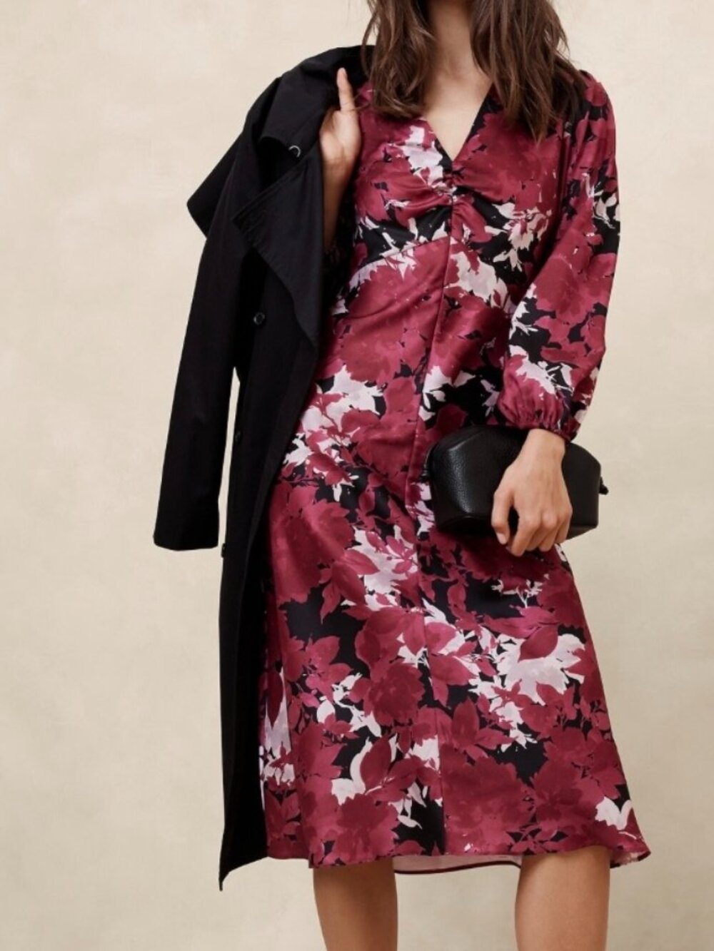 Banana Republic Burgundy Pink Floral Satin Silky Long-Sleeve Midi Dress 0